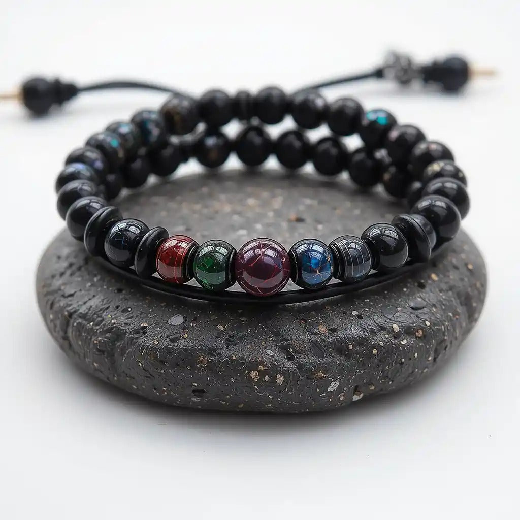 Combo Energético: Pulsera de Roca de Lava 7 Chakras + Pulsera Trébol de Cinco Hojas Negro