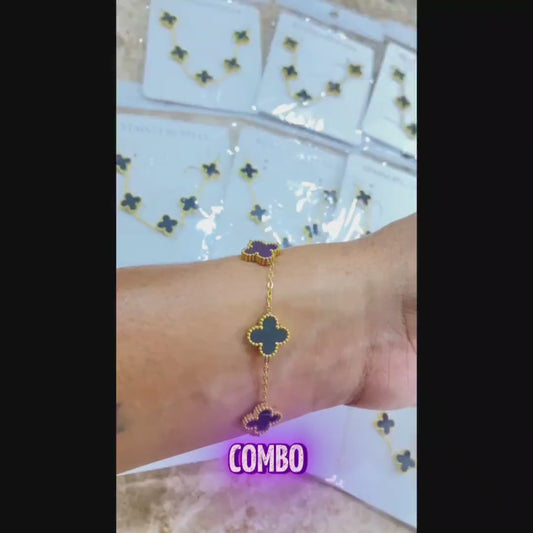 Combo Energético: Pulsera de Roca de Lava 7 Chakras + Pulsera Trébol de Cinco Hojas Negro